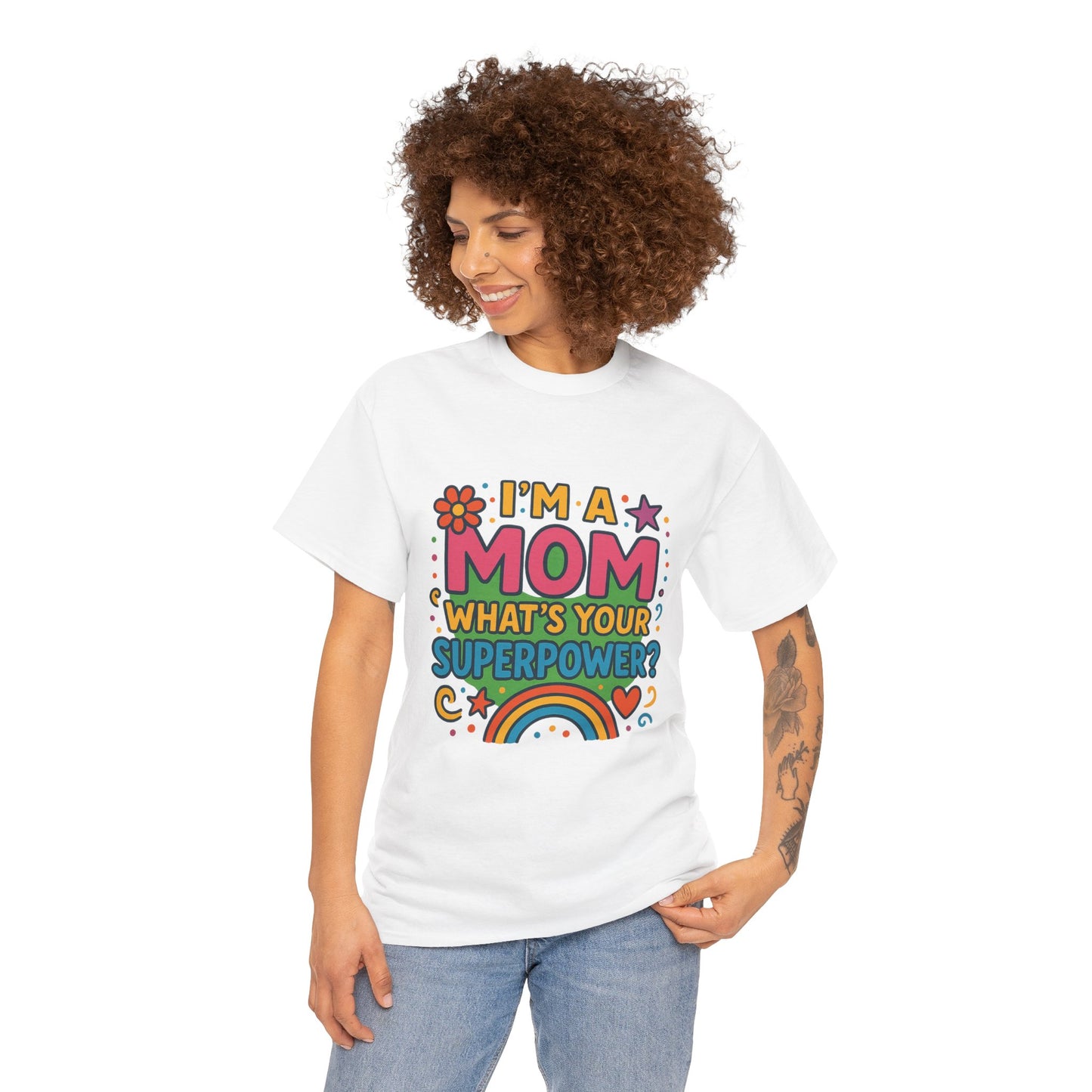 Mom Superpower Tee - Celebrate Motherhood, Woman Cotton T-Shirt, Gift for Moms, Rainbow Graphic Tee, Fun Mother's Day Shirt