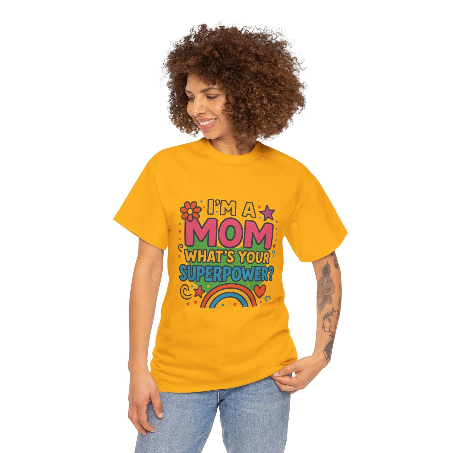 Mom Superpower Tee - Celebrate Motherhood, Woman Cotton T-Shirt, Gift for Moms, Rainbow Graphic Tee, Fun Mother's Day Shirt