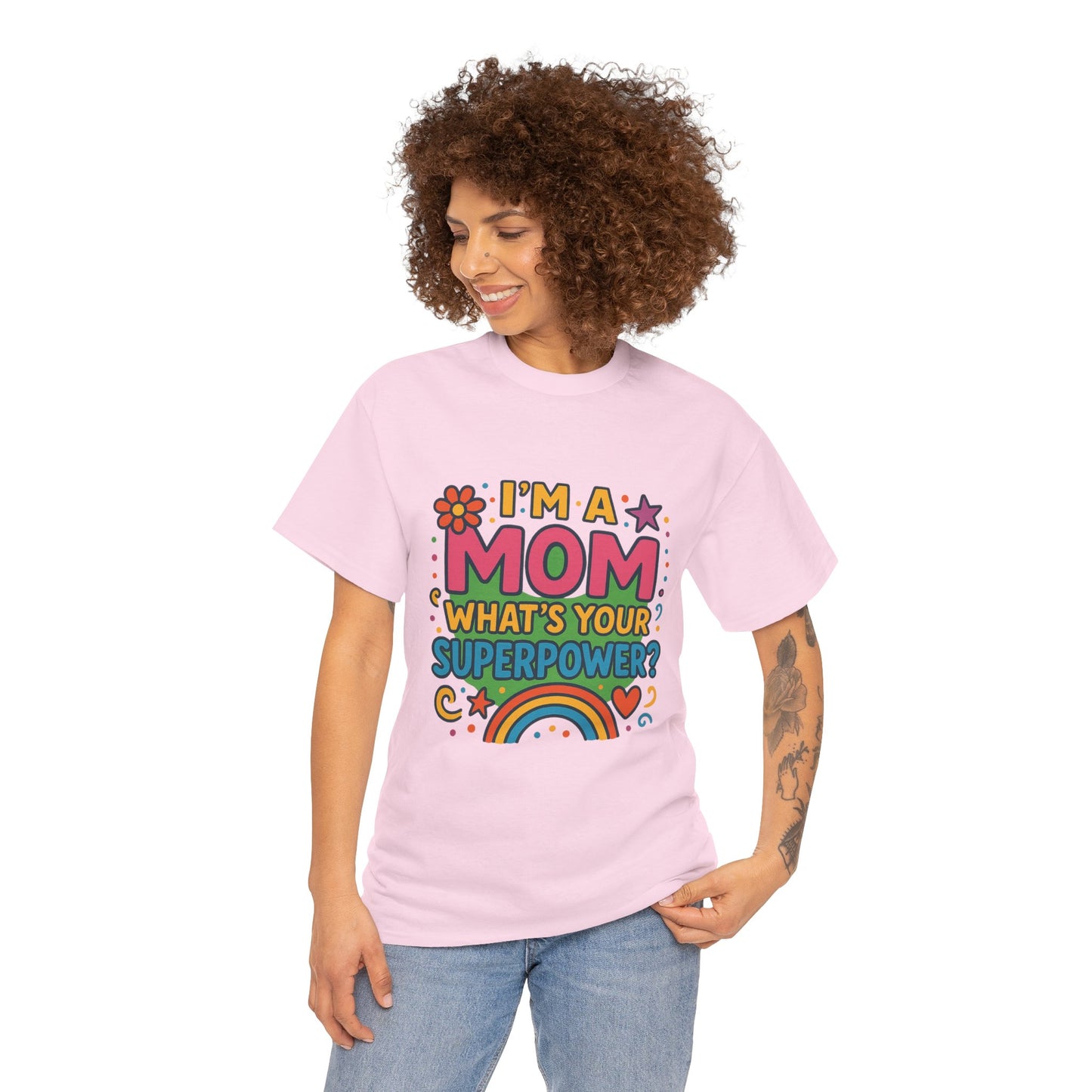 Mom Superpower Tee - Celebrate Motherhood, Woman Cotton T-Shirt, Gift for Moms, Rainbow Graphic Tee, Fun Mother's Day Shirt