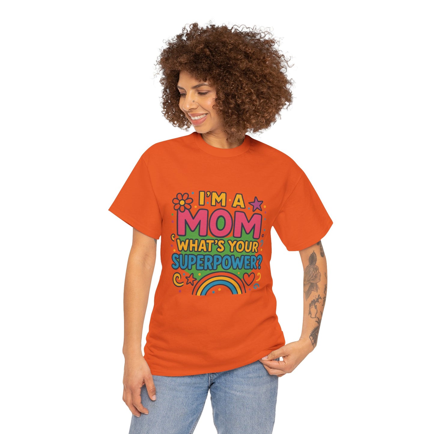 Mom Superpower Tee - Celebrate Motherhood, Woman Cotton T-Shirt, Gift for Moms, Rainbow Graphic Tee, Fun Mother's Day Shirt