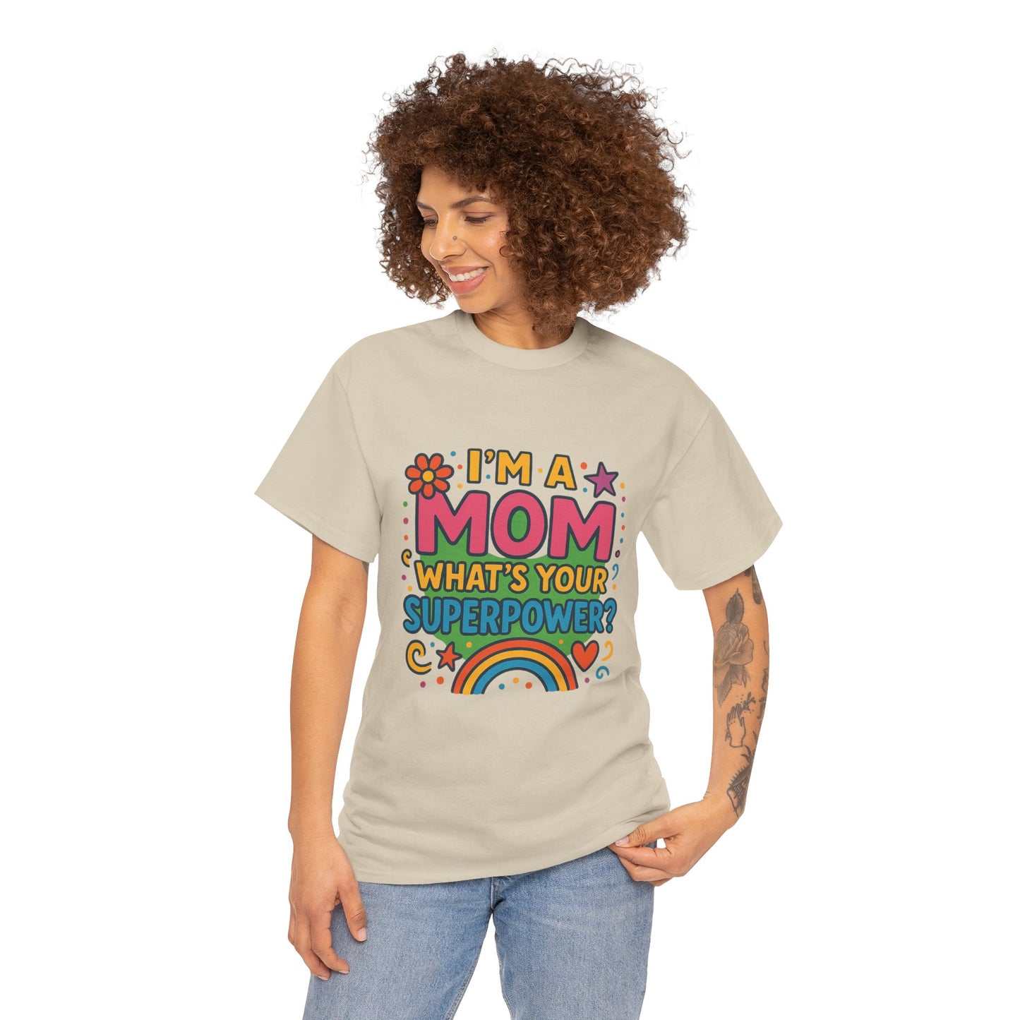 Mom Superpower Tee - Celebrate Motherhood, Woman Cotton T-Shirt, Gift for Moms, Rainbow Graphic Tee, Fun Mother's Day Shirt