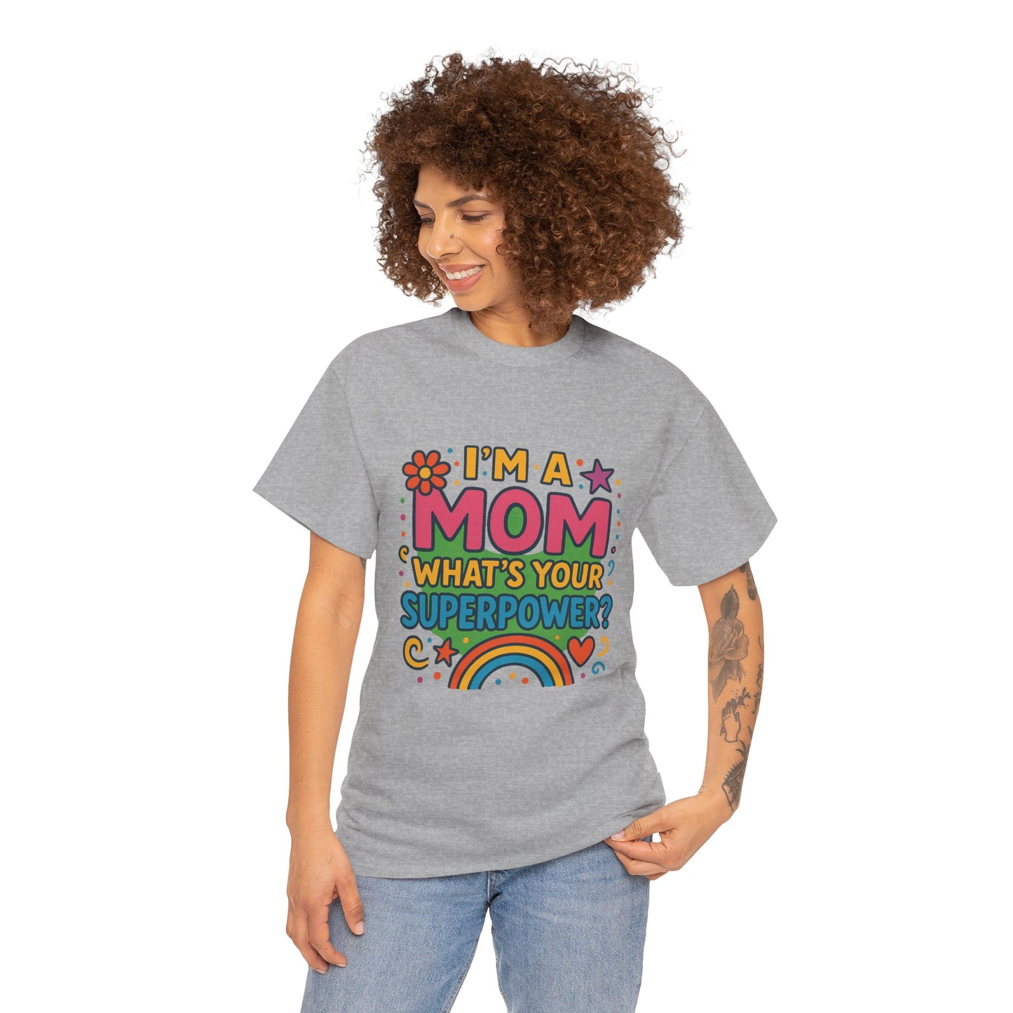 Mom Superpower Tee - Celebrate Motherhood, Woman Cotton T-Shirt, Gift for Moms, Rainbow Graphic Tee, Fun Mother's Day Shirt