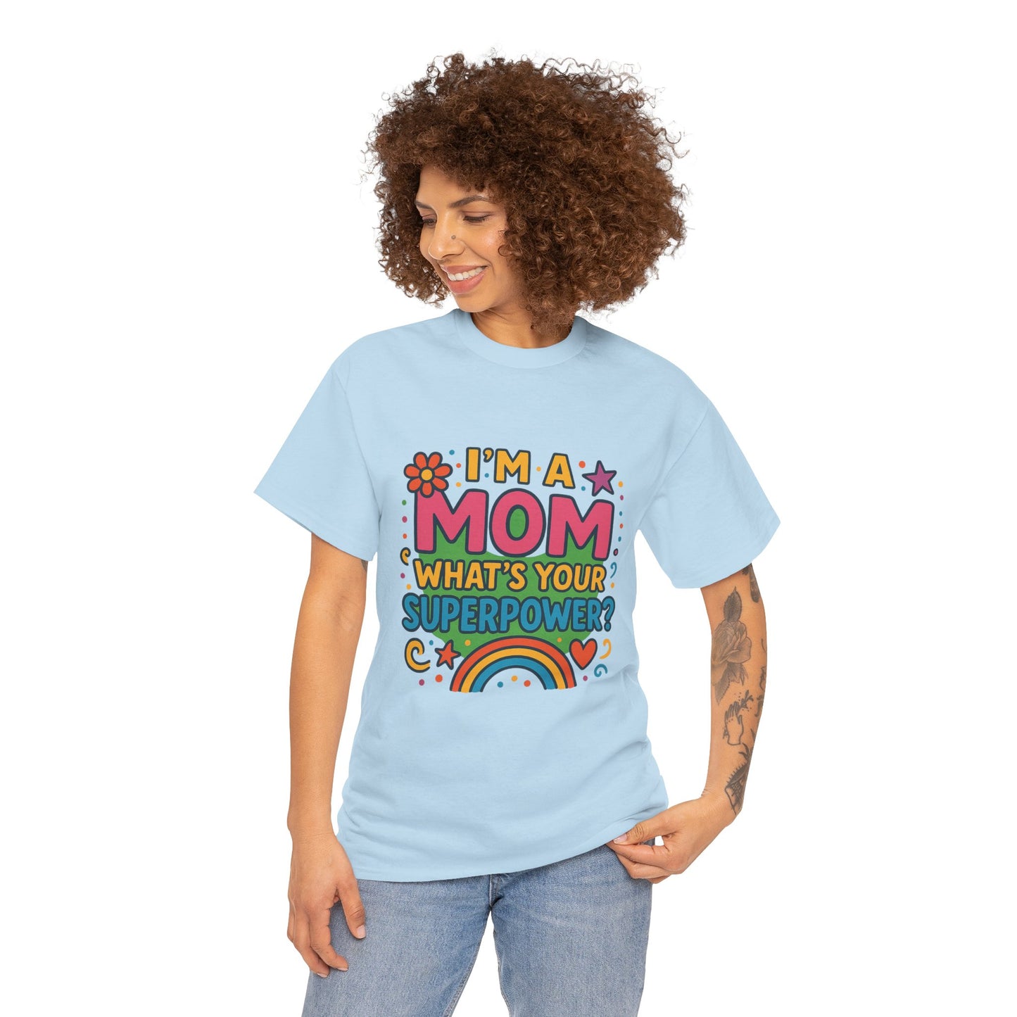 Mom Superpower Tee - Celebrate Motherhood, Woman Cotton T-Shirt, Gift for Moms, Rainbow Graphic Tee, Fun Mother's Day Shirt