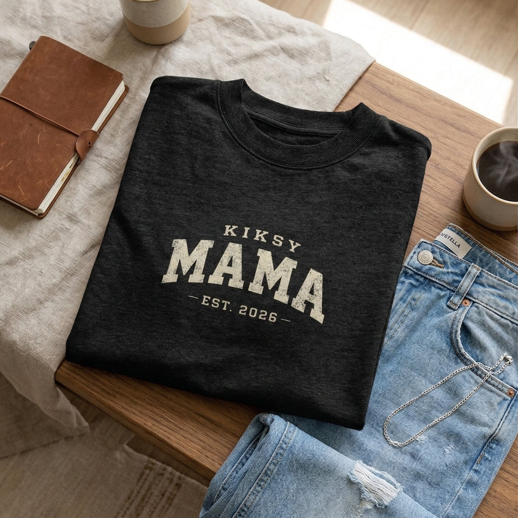 Черна памучна дамска тениска Kiksy MAMA Est. 2026 за майки