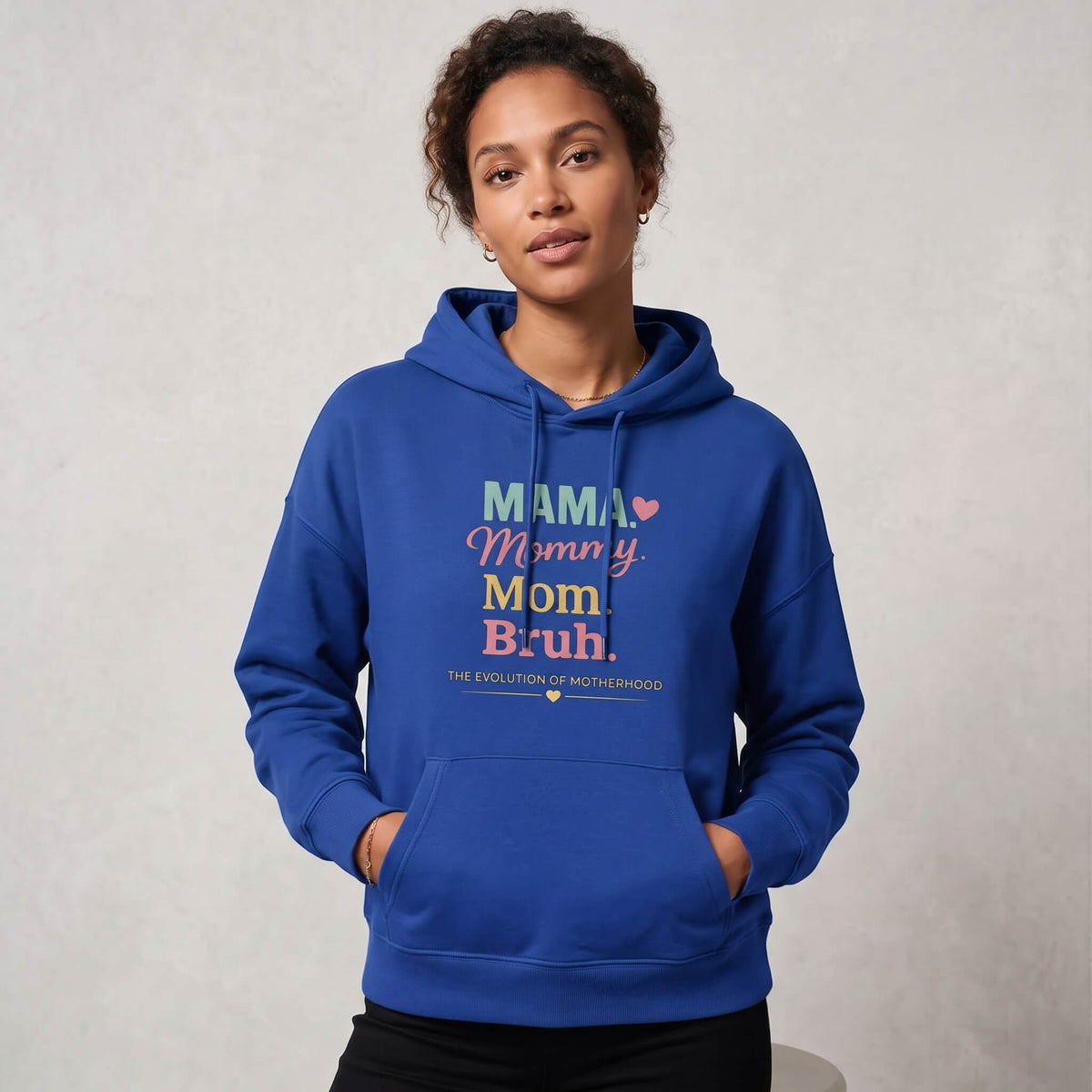 Kiksy royal blue mom hoodie featuring the print Evolution of Motherhood Mama Mommy Mom Bruh on soft fleece fabric.
