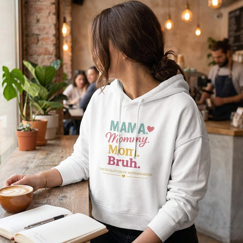 Kiksy white mom hoodie featuring the print Evolution of Motherhood Mama Mommy Mom Bruh on soft fleece fabric.
