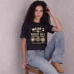 Kiksy black cropped t-shirt for women featuring a graphic print that reads Mum's Match Day Survival Club.