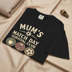 Kiksy black cropped t-shirt for women featuring a graphic print that reads Mum's Match Day Survival Club. Folded