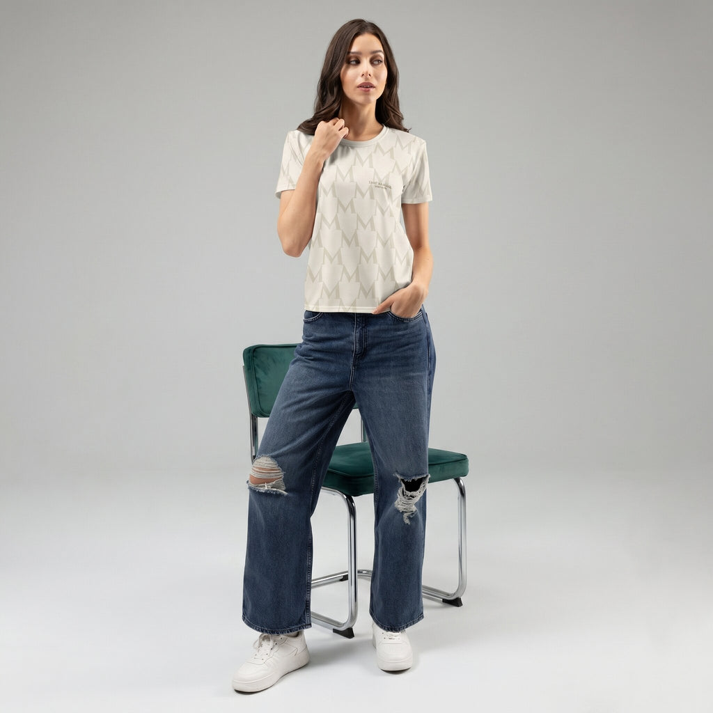 Kiksy twin mom printed crew neck women's t-shirt in cream featuring an all-over M pattern