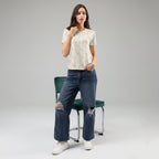 Kiksy twin mom printed crew neck women's t-shirt in cream featuring an all-over M pattern