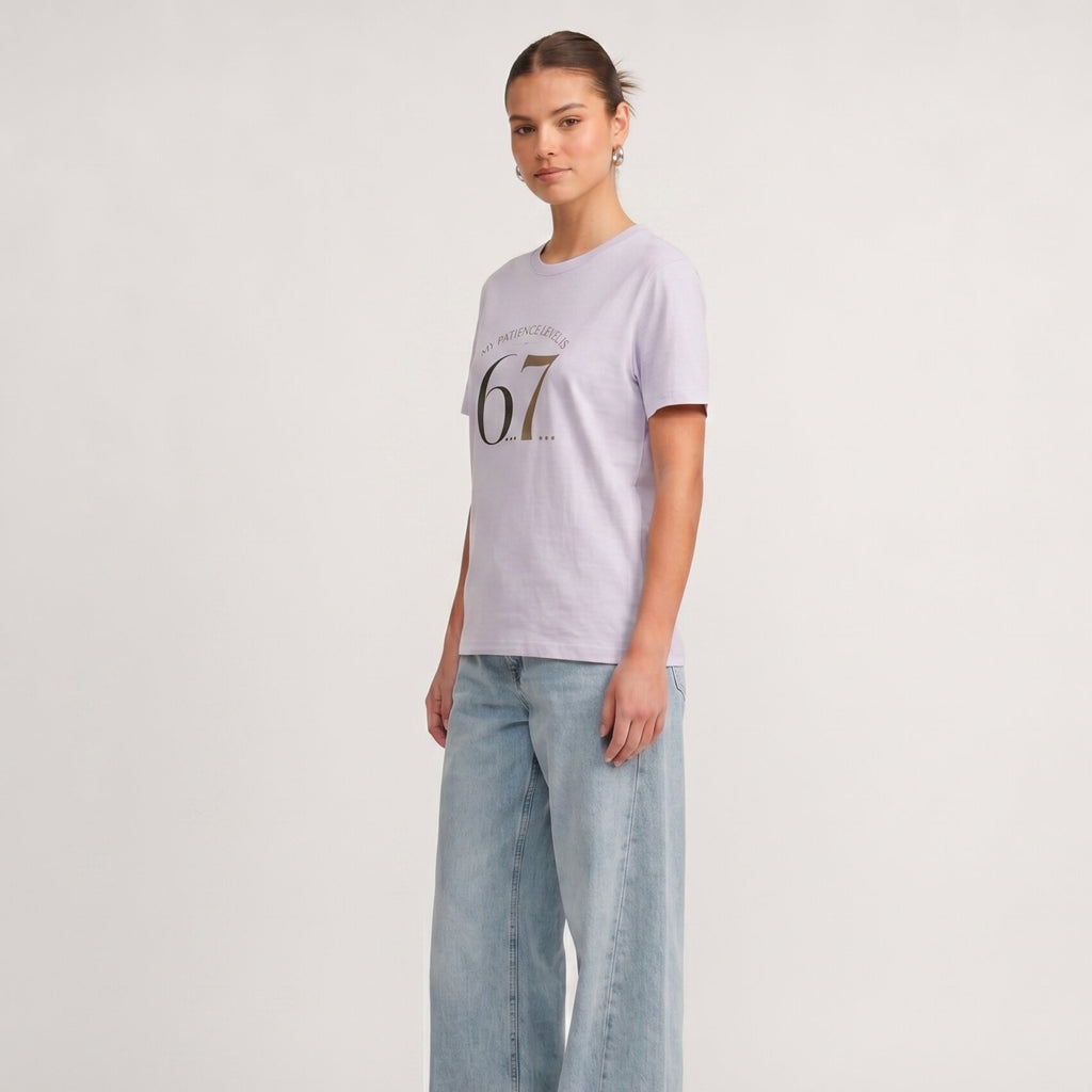 Kiksy My Patience Level is 6.7 lilac slogan t-shirt for women
