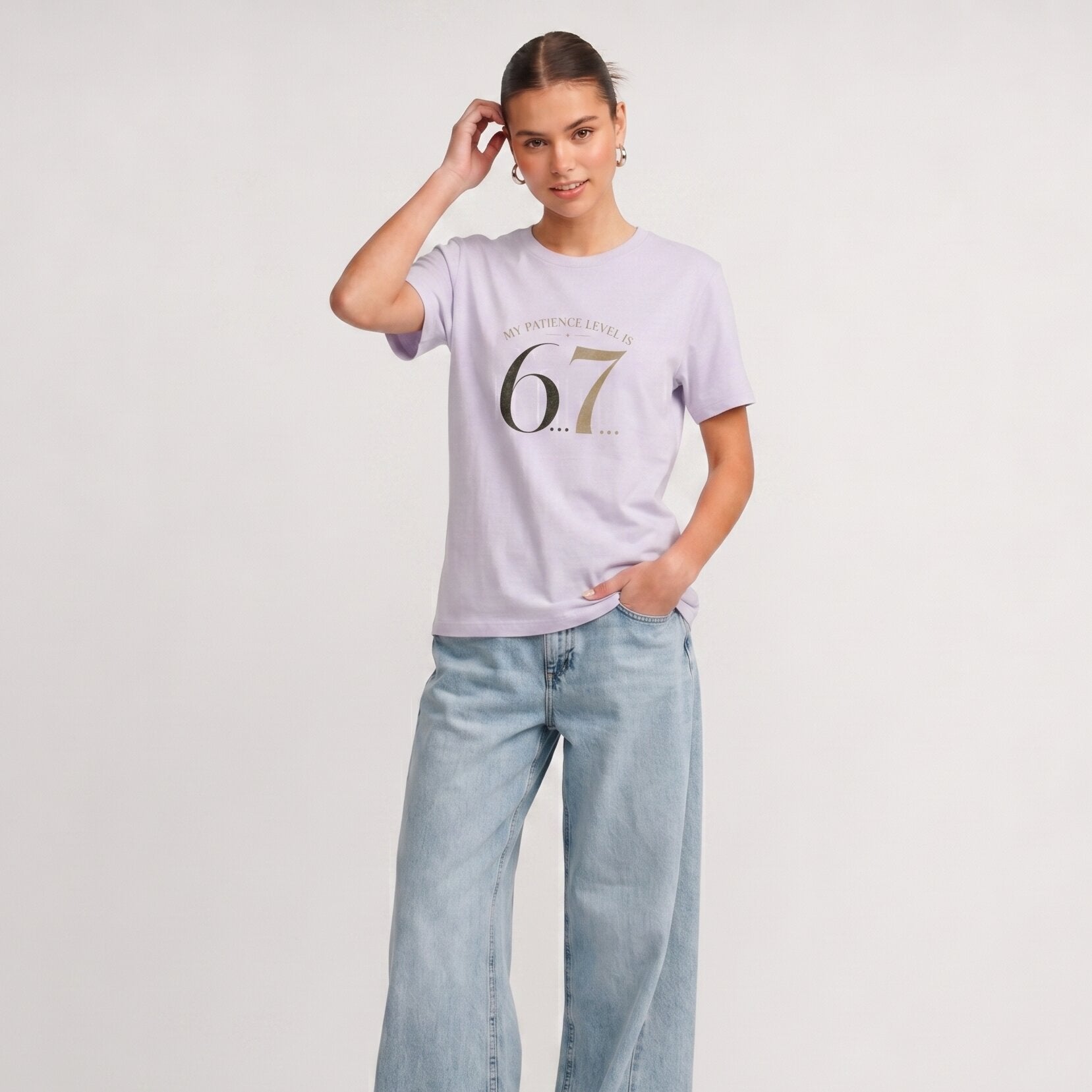Kiksy My Patience Level is 6.7 lilac slogan t-shirt for women