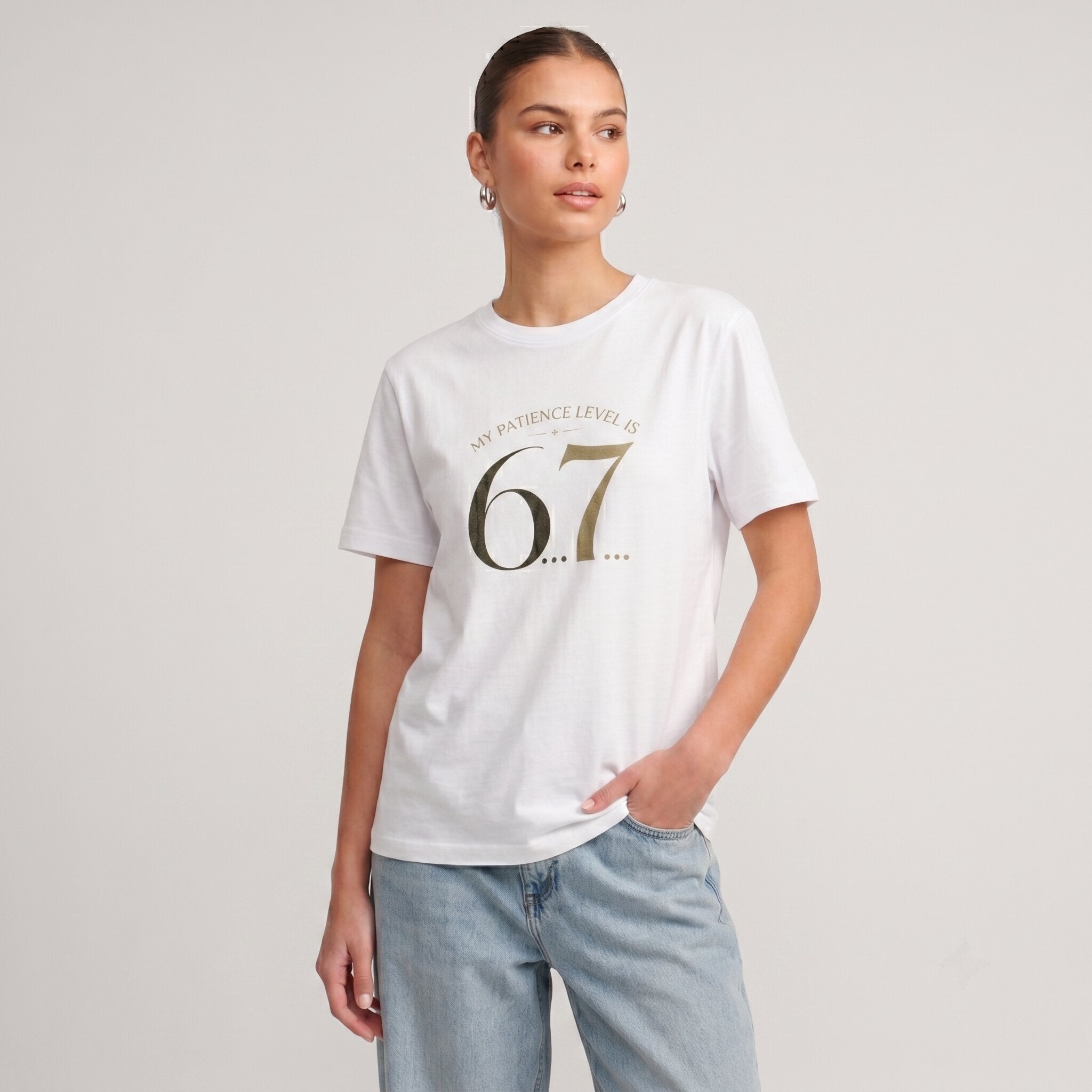 Kiksy My Patience Level is 6.7 white slogan t-shirt for women