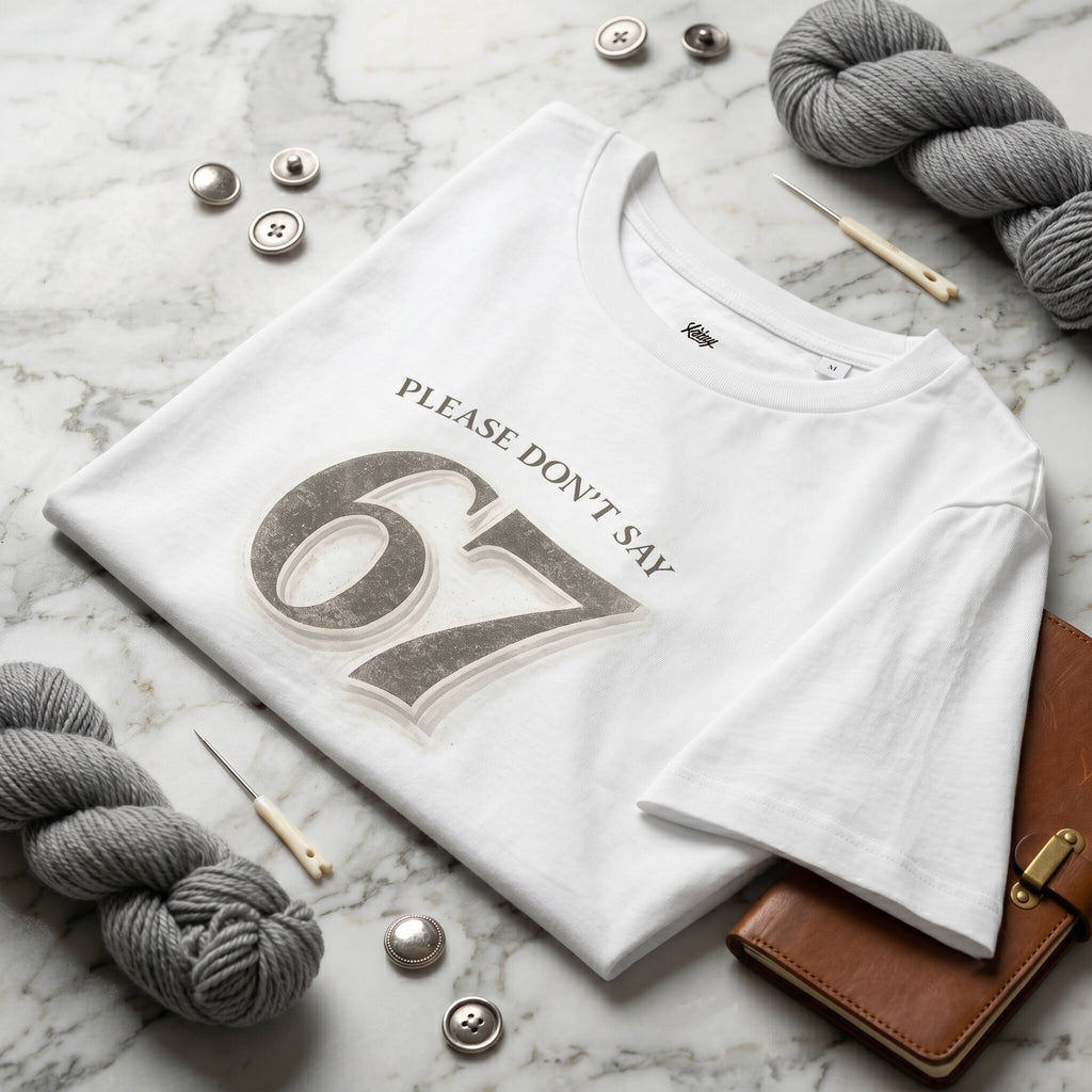 Woman wearing Kiksy white relaxed slogan t-shirt featuring Please Don't Say 67 print folded