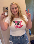 Kiksy white cotton slogan t-shirt featuring Chaotic Mum but like Hot graphic print styled with jeans.