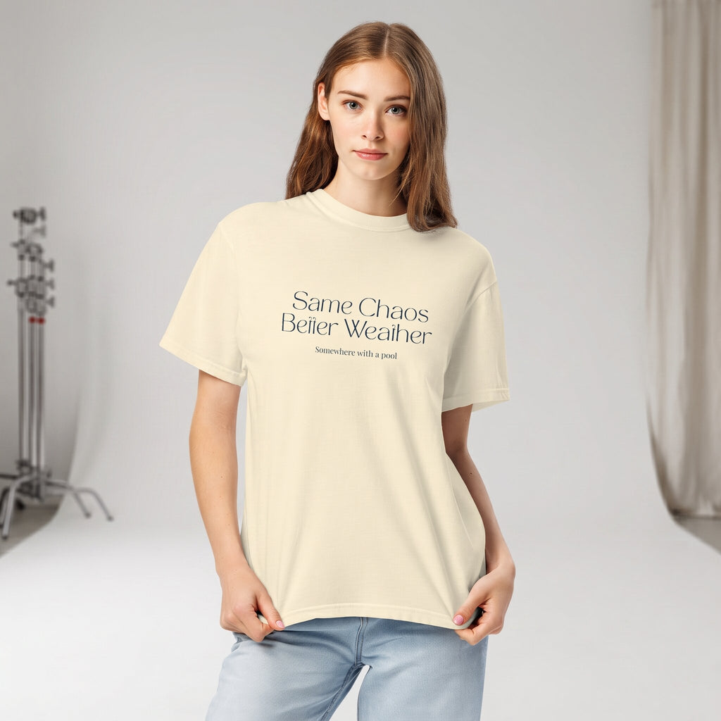Kiksy Same Chaos Better Weather slogan t-shirt in cream, styled casually with jeans for busy UK mums.