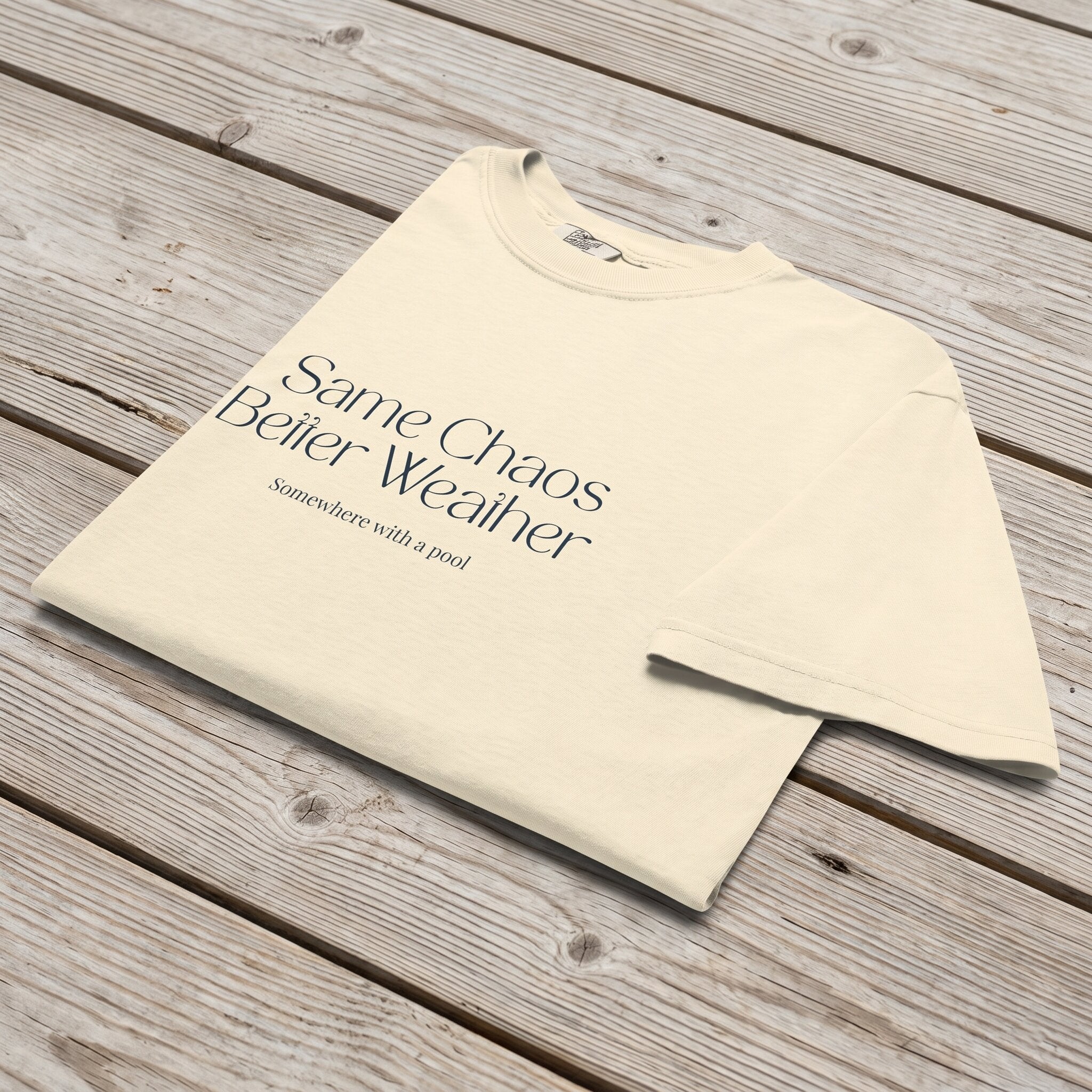 Kiksy Same Chaos Better Weather slogan t-shirt in cream, styled casually with jeans for busy UK mums.