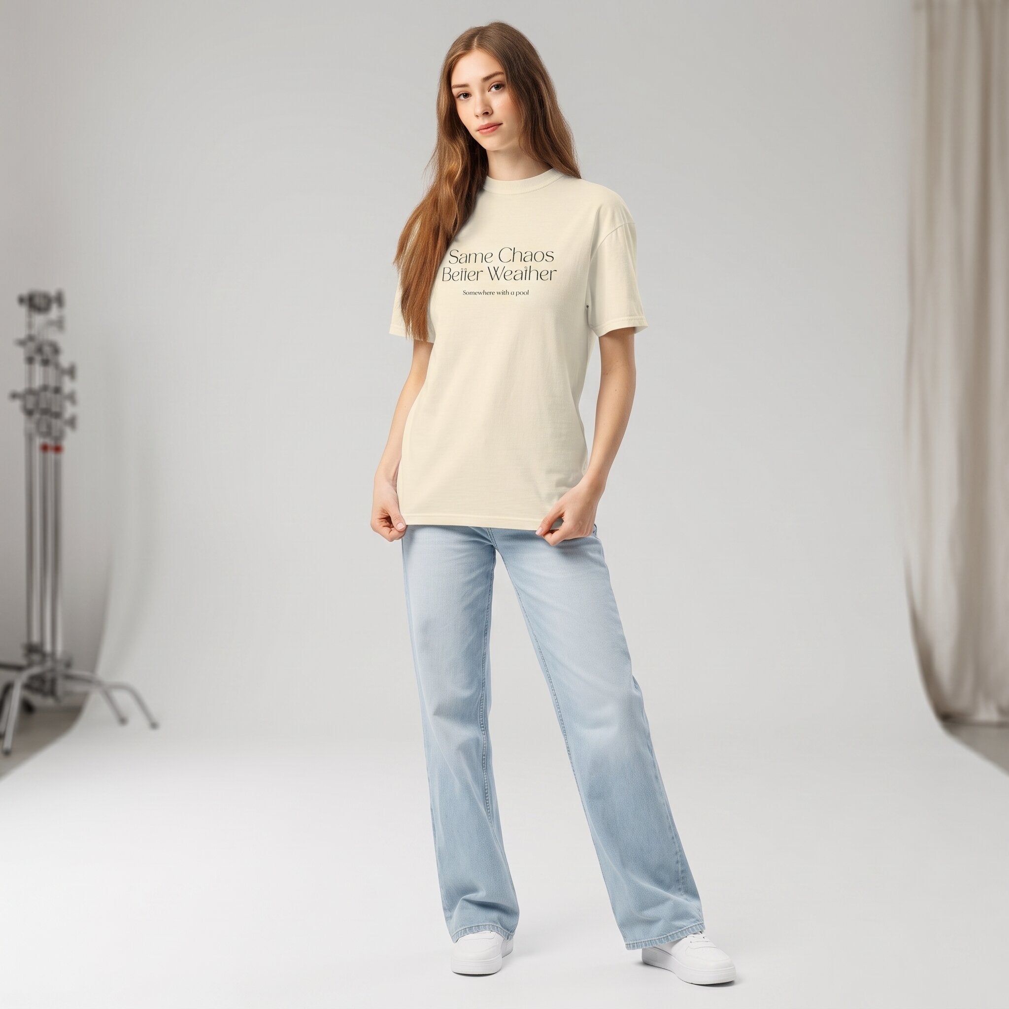 Kiksy Same Chaos Better Weather slogan t-shirt in cream, styled casually with jeans for busy UK mums.