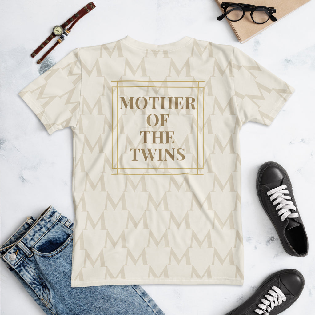 Kiksy twin mom printed crew neck women's t-shirt in cream featuring an all-over M pattern