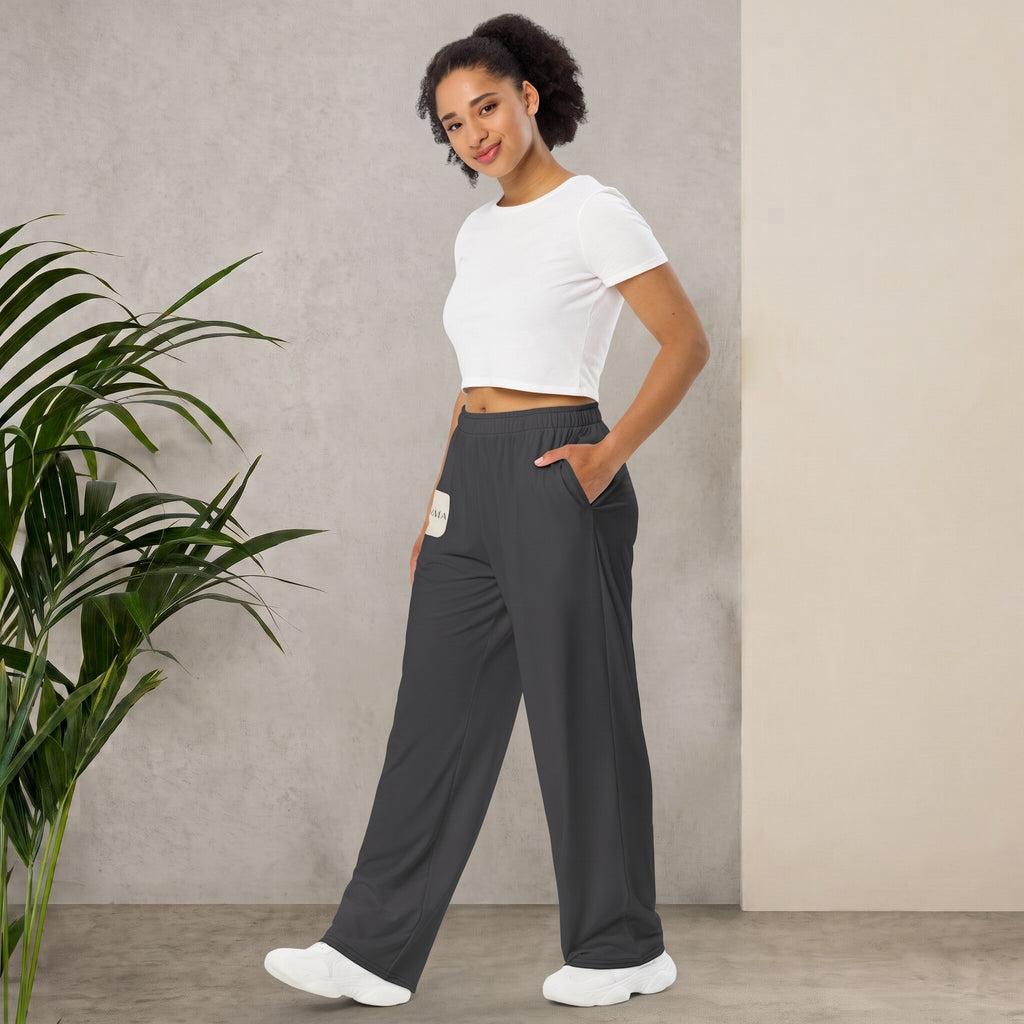 Kiksy graphite wide leg joggers featuring a white square Mama patch on the front, shown in graphite-wide-leg-joggers-mama-front.jpg