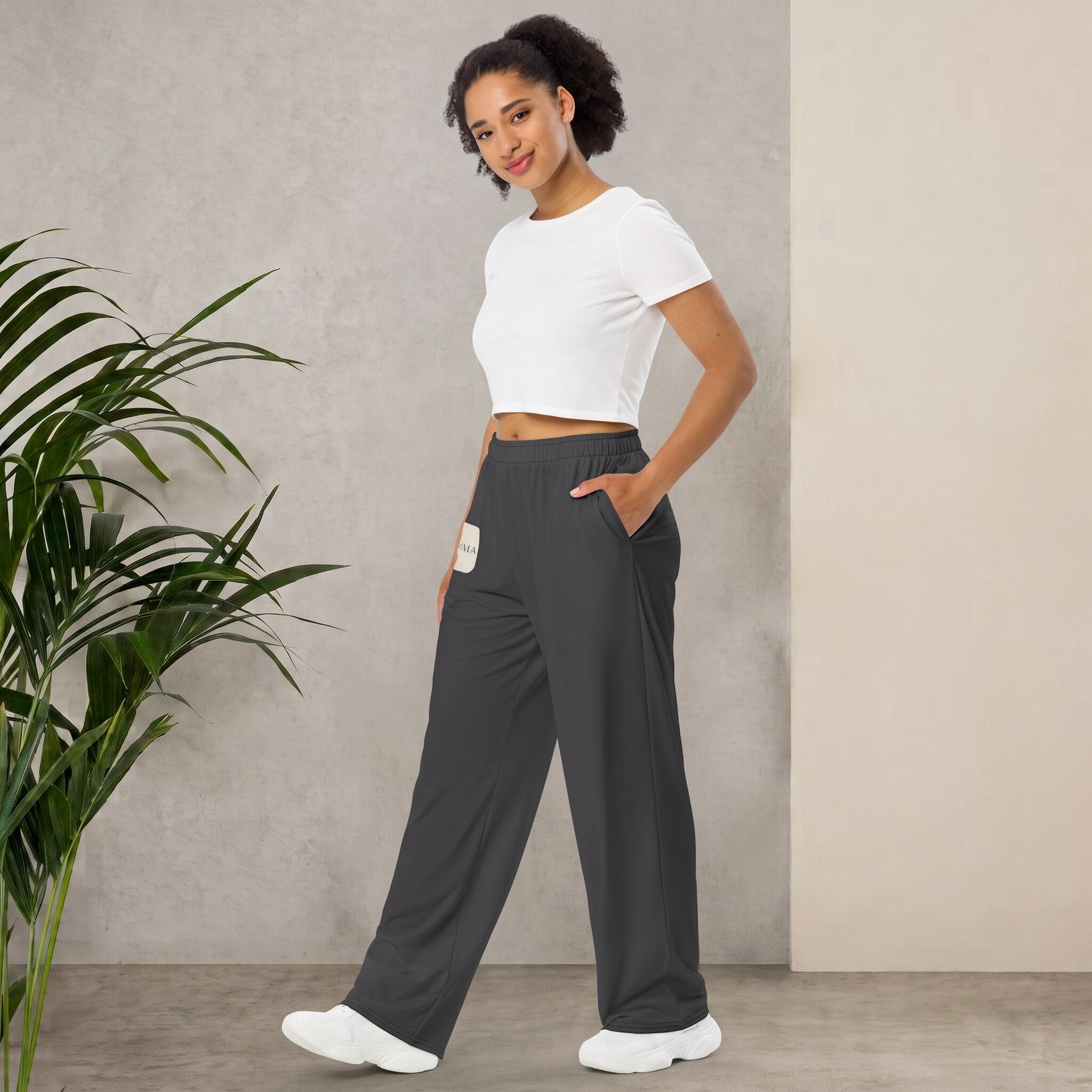 Kiksy graphite wide leg joggers featuring a white square Mama patch on the front, shown in graphite-wide-leg-joggers-mama-front.jpg